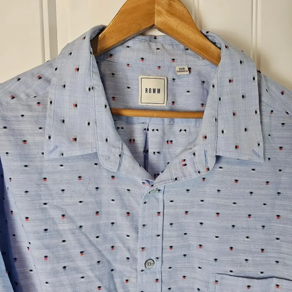 Rowm Big Button Down Shirt Mens 3XB Blue Speckled Casual Soft Cotton Long Sleeve